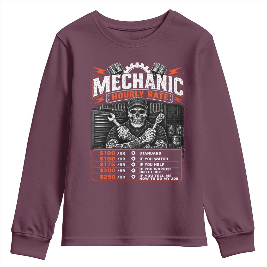 Mechanic Skeleton Youth Sweatshirt Funny Hourly Rate Auto Car Garage Labor Rates