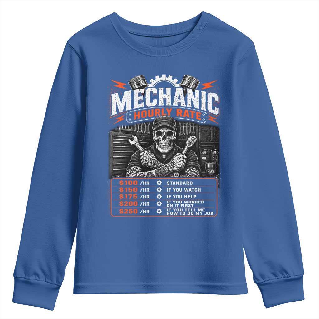 Mechanic Skeleton Youth Sweatshirt Funny Hourly Rate Auto Car Garage Labor Rates