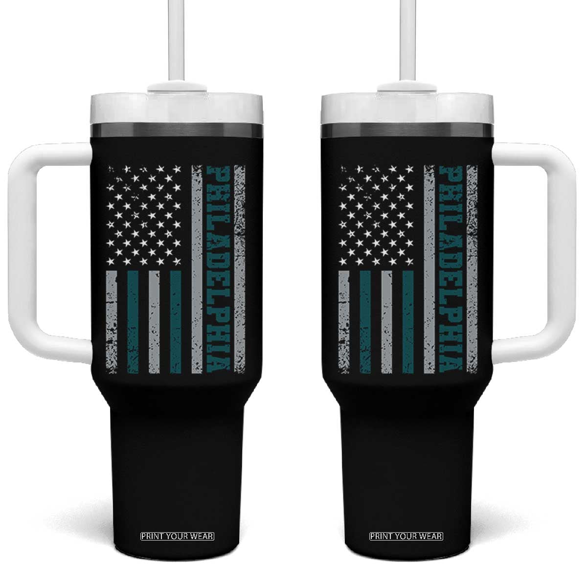 PFE Game Day Tumbler With Handle Retro American Flag Philly Lover TS10 One Size: 40 oz Black Print Your Wear