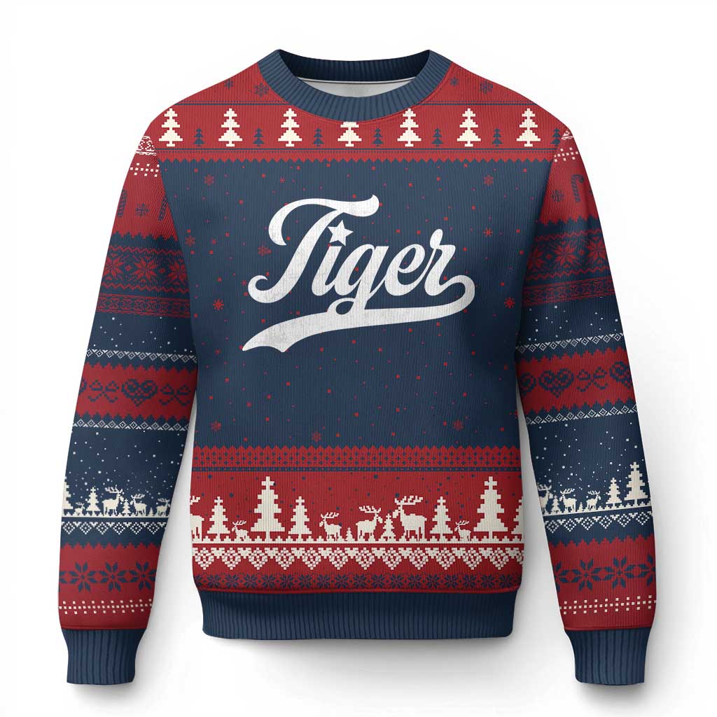 Retro Script Tiger Ugly Christmas Sweater Vintage Sports Team Name TS10 Navy Red Print Your Wear