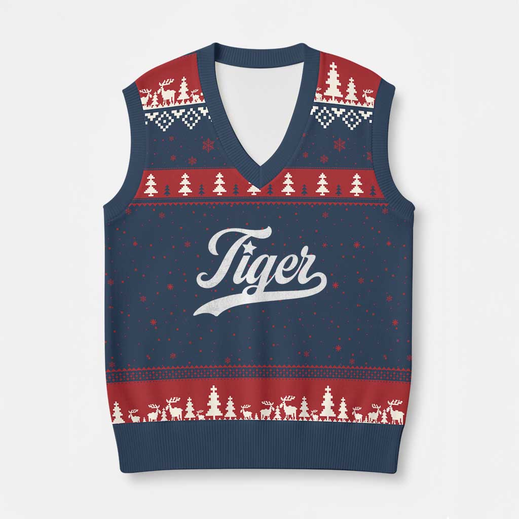 Retro Script Tiger V-Neck Knit Sweater Vest Vintage Sports Team Name TS10 Navy Red Print Your Wear