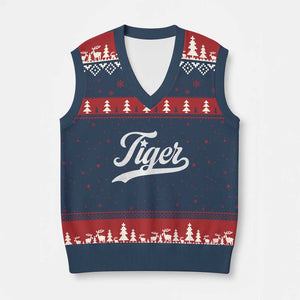 Retro Script Tiger V-Neck Knit Sweater Vest Vintage Sports Team Name TS10 Navy Red Print Your Wear