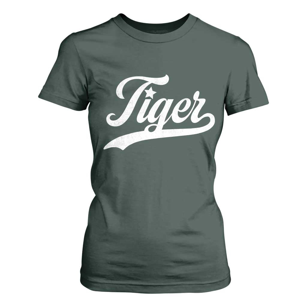Retro Script Tigers T Shirt For Women Vintage Team Name TS10 Dark Forest Green Print Your Wear