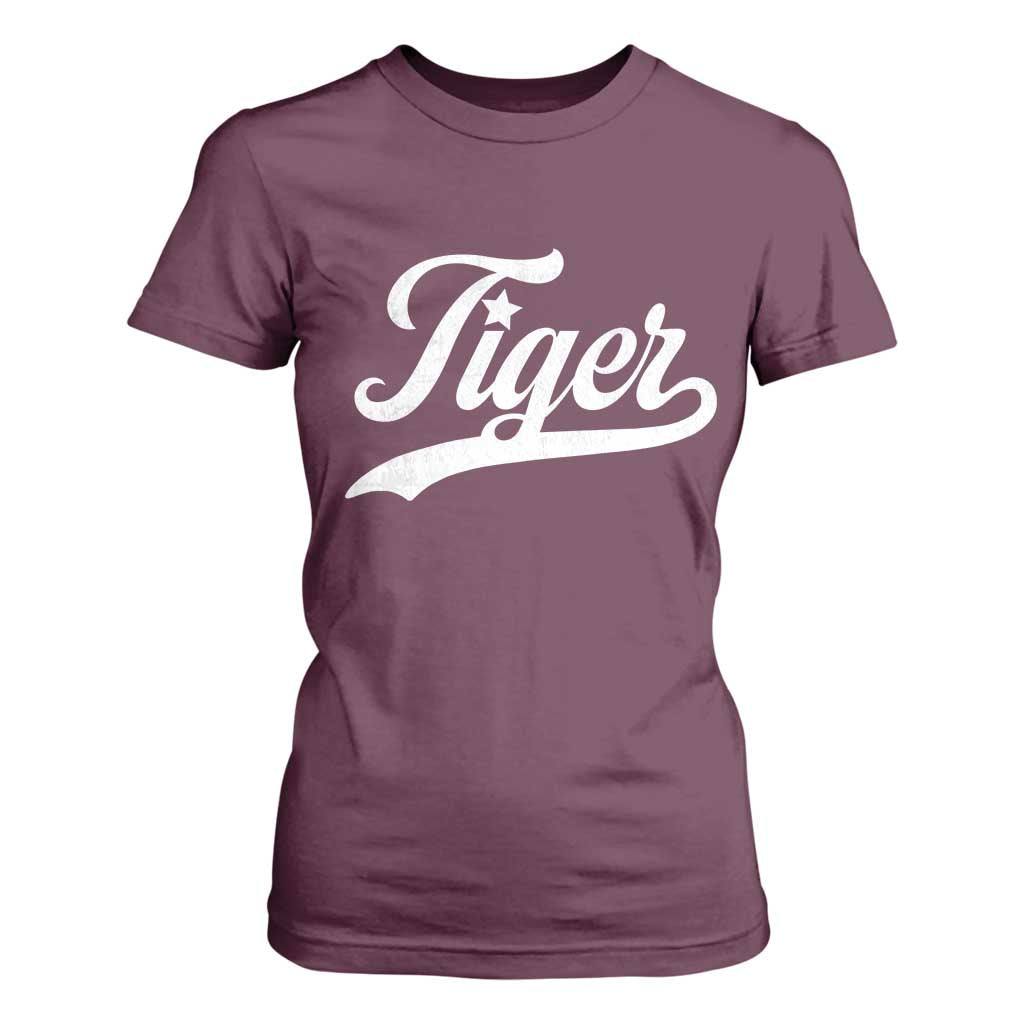 Retro Script Tiger T Shirt For Women Vintage Sports Team Name TS10 Maroon Print Your Wear
