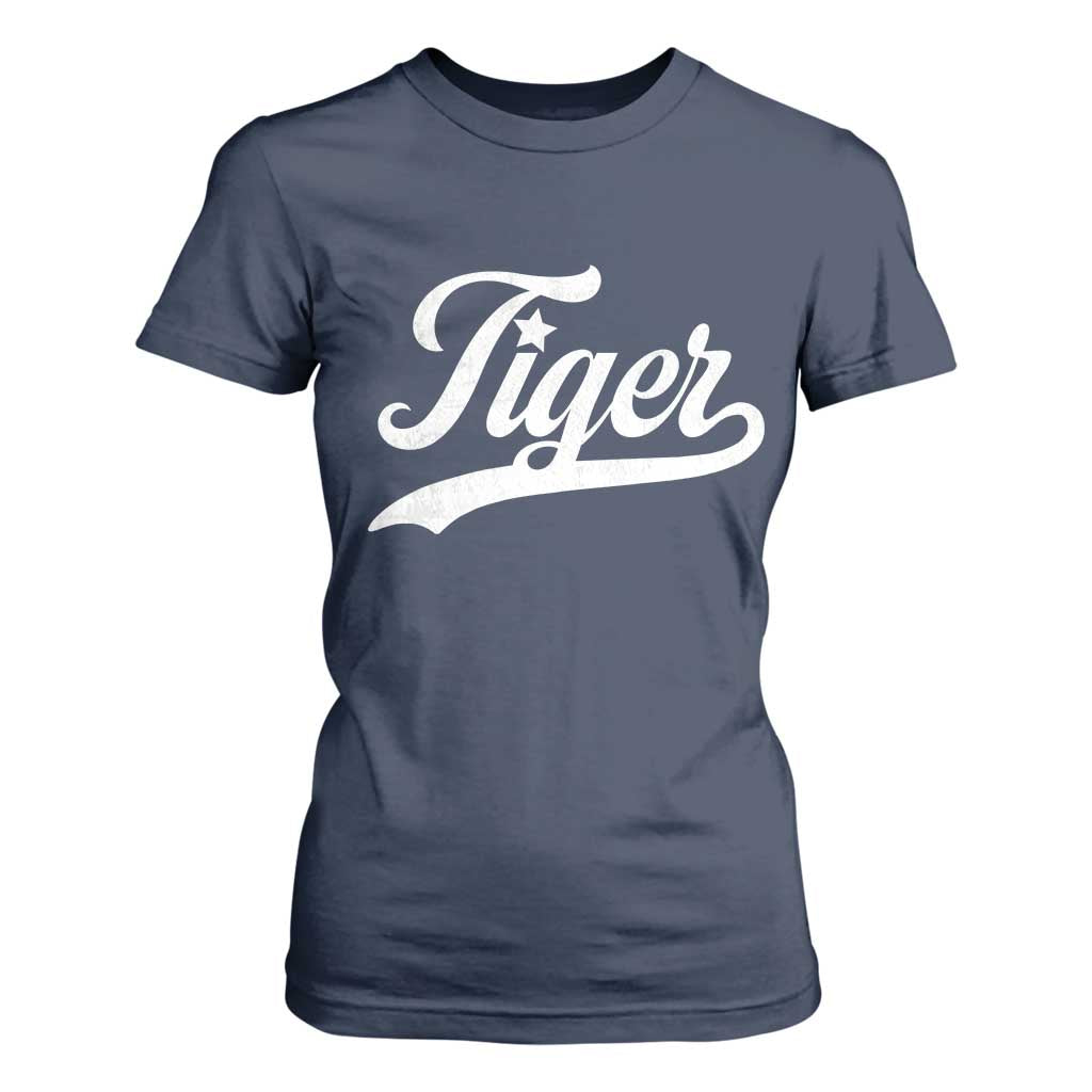 Retro Script Tiger T Shirt For Women Vintage Sports Team Name TS10 Navy Print Your Wear
