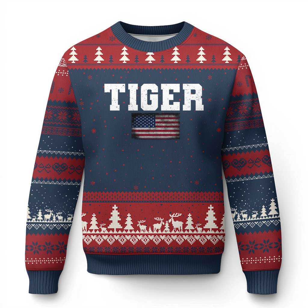 Classic Tigers Ugly Christmas Sweater Retro Varsity Vintage Sports Team Name USA Flag TS10 Navy Red Print Your Wear