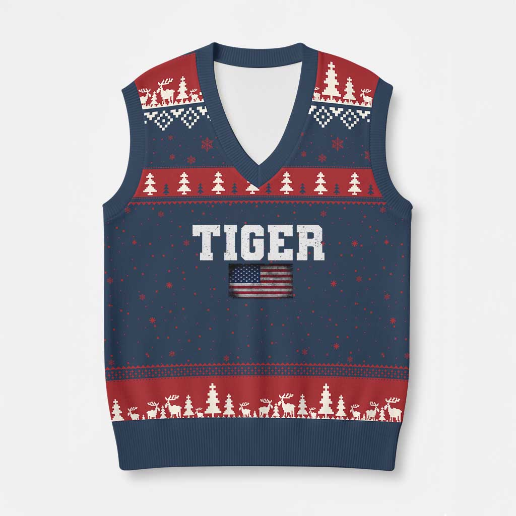 Classic Tiger V-Neck Knit Sweater Vest Retro Varsity Vintage Sports Team Name USA Flag TS10 Navy Red Print Your Wear