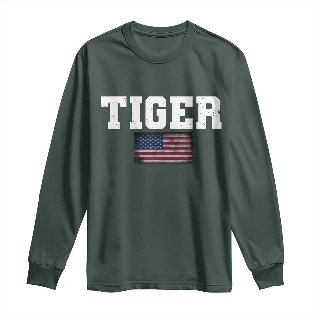 Classic Tiger Long Sleeve Shirt Retro Varsity Vintage Sports Team Name USA Flag TS10 Dark Forest Green Print Your Wear