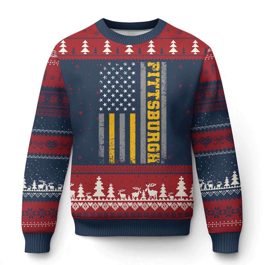 Pittsburgh Ugly Christmas Sweater Retro Vintage USA Flag Patriotic American TS10 Navy Red Print Your Wear
