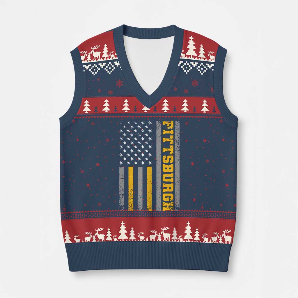 Pittsburgh V-Neck Knit Sweater Vest Retro Vintage USA Flag Patriotic American TS10 Navy Red Print Your Wear