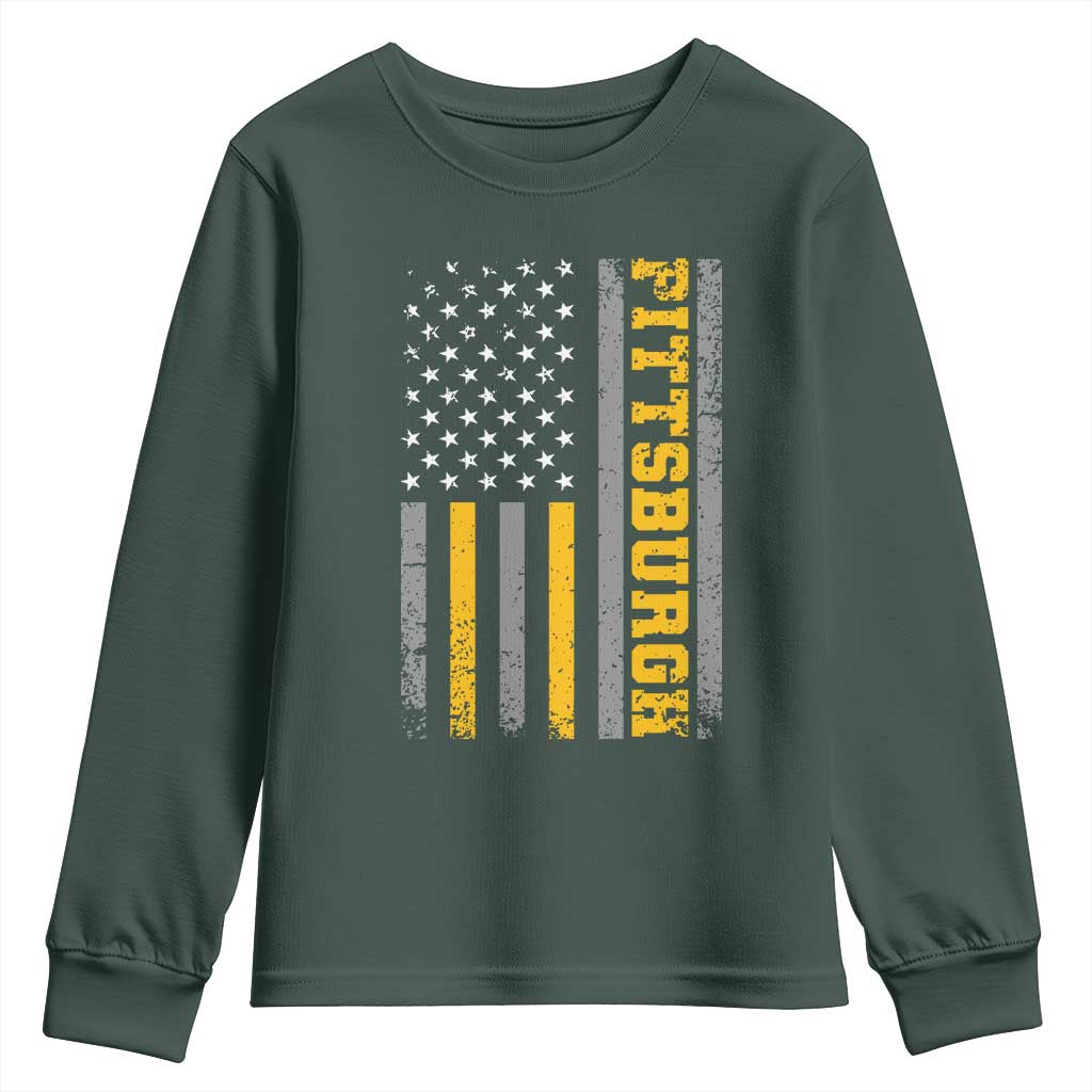 Pittsburgh Youth Sweatshirt Retro Vintage USA Flag Patriotic American TS10 Dark Forest Green Print Your Wear