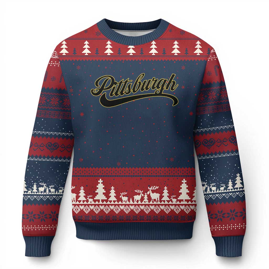 Pittsburgh Ugly Christmas Sweater Classic Retro Vintage Pennsylvania PA TS10 Navy Red Print Your Wear