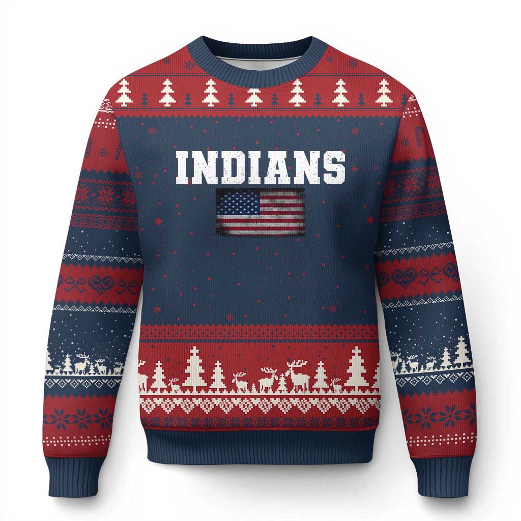 Classic Indians Ugly Christmas Sweater Retro Varsity Vintage Sports Team Name USA Flag TS10 Navy Red Print Your Wear