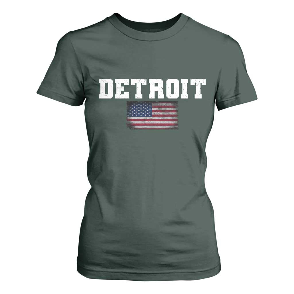 Classic Detroit T Shirt For Women Retro Varsity Vintage Team Name USA Flag TS10 Dark Forest Green Print Your Wear