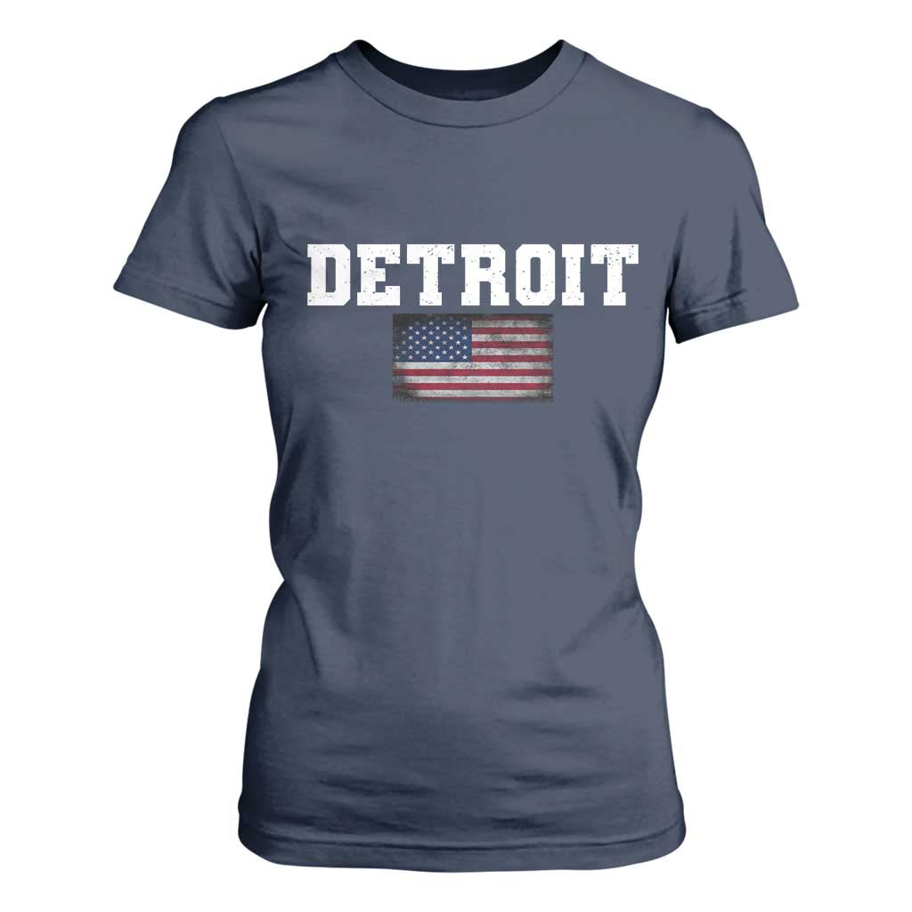 Classic Detroit T Shirt For Women Retro Varsity Vintage Team Name USA Flag TS10 Navy Print Your Wear