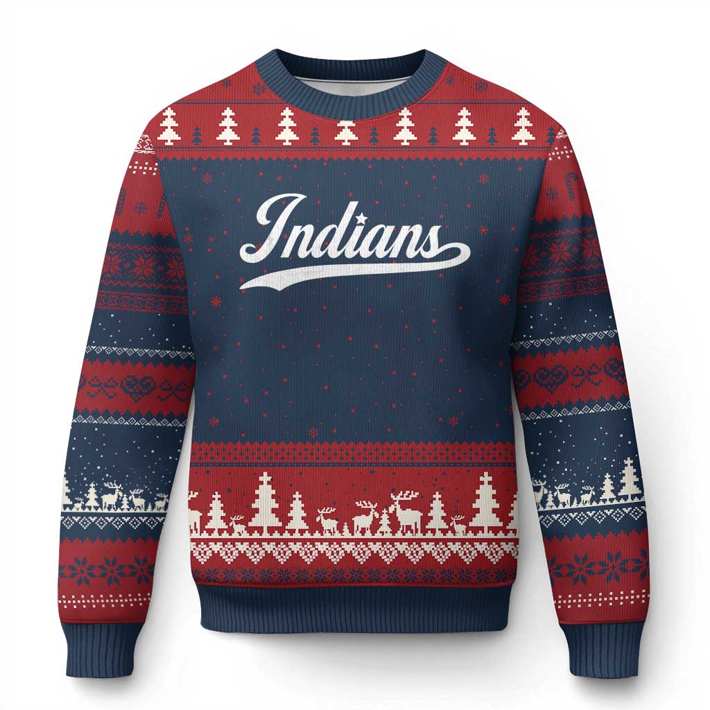 Retro Script Indians Ugly Christmas Sweater Vintage Sports Team Name TS10 Navy Red Print Your Wear