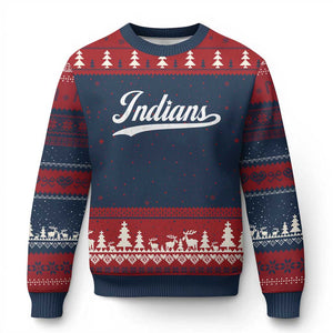 Retro Script Indians Ugly Christmas Sweater Vintage Sports Team Name TS10 Navy Red Print Your Wear