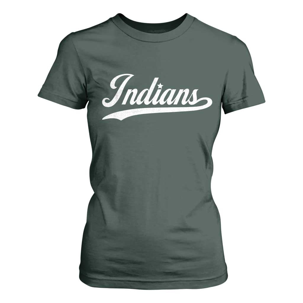 Retro Script Indians T Shirt For Women Vintage Team Name TS10 Dark Forest Green Print Your Wear