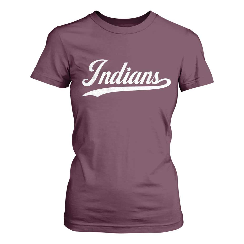 Retro Script Indians T Shirt For Women Vintage Team Name TS10 Maroon Print Your Wear