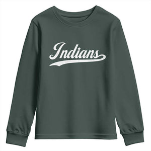Retro Script Indians Youth Sweatshirt Vintage Team Name TS10 Dark Forest Green Print Your Wear
