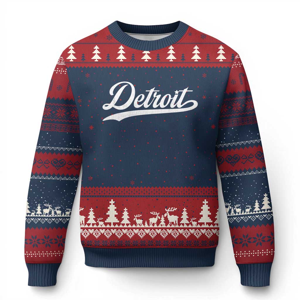 Retro Script Detroit Ugly Christmas Sweater Vintage Sports Team Name TS10 Navy Red Print Your Wear