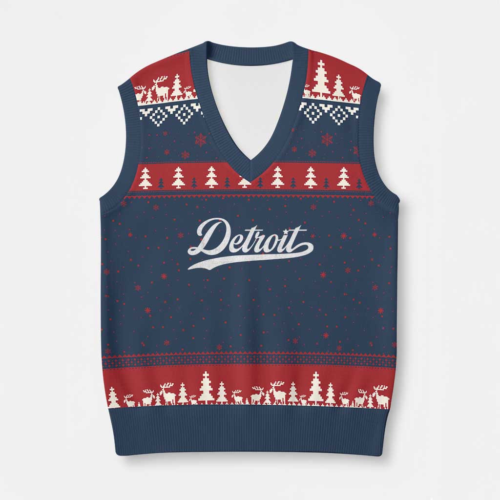 Retro Script Detroit V-Neck Knit Sweater Vest Vintage Sports Team Name TS10 Navy Red Print Your Wear