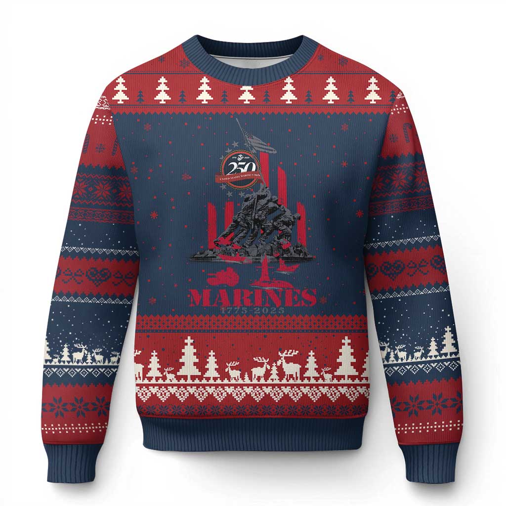 Marine Veteran 250th Anniversary Ugly Christmas Sweater Retro Military Corps American Flag - Print Your Wear