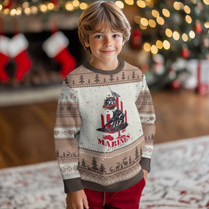 Marine Veteran 250th Anniversary Ugly Christmas Sweater Retro Military Corps American Flag TS10 Mocha Mousse Print Your Wear