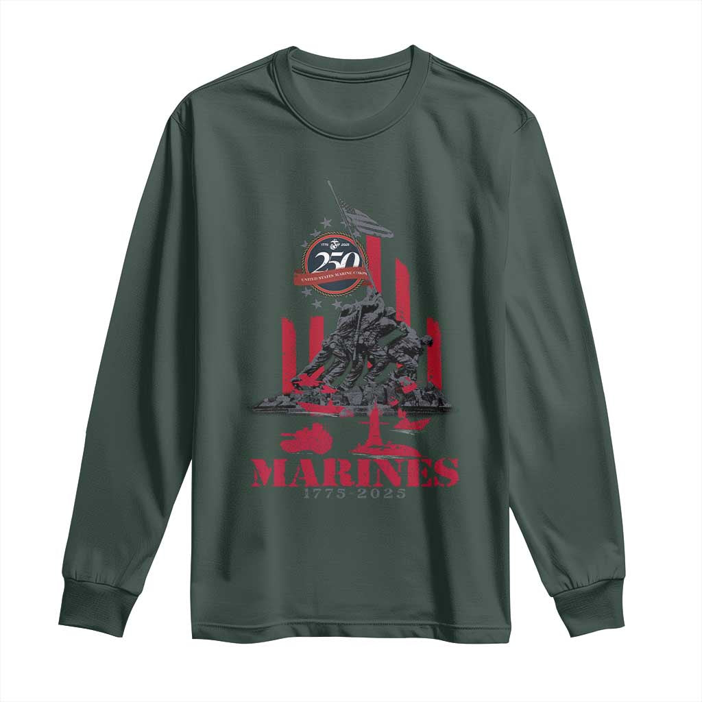 Marine Veteran 250th Anniversary Long Sleeve Shirt Retro Military Corps American Flag TS10 Dark Forest Green Print Your Wear