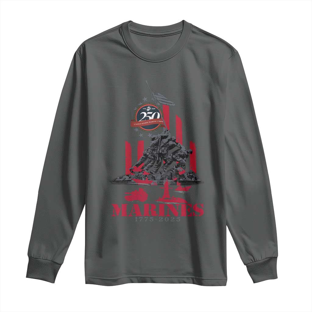 Marine Veteran 250th Anniversary Long Sleeve Shirt Retro Military Corps American Flag TS10 Dark Heather Print Your Wear