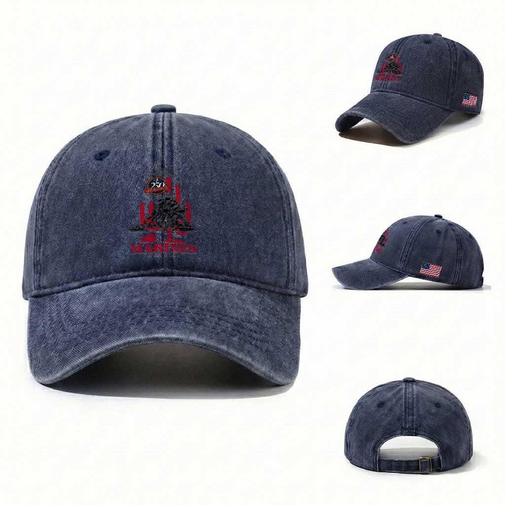 Marine Veteran 250th Anniversary Washed Cotton Baseball Cap Retro Military Corps American Flag TS10 Washed Cap Universal Fit Navy Print Your Wear