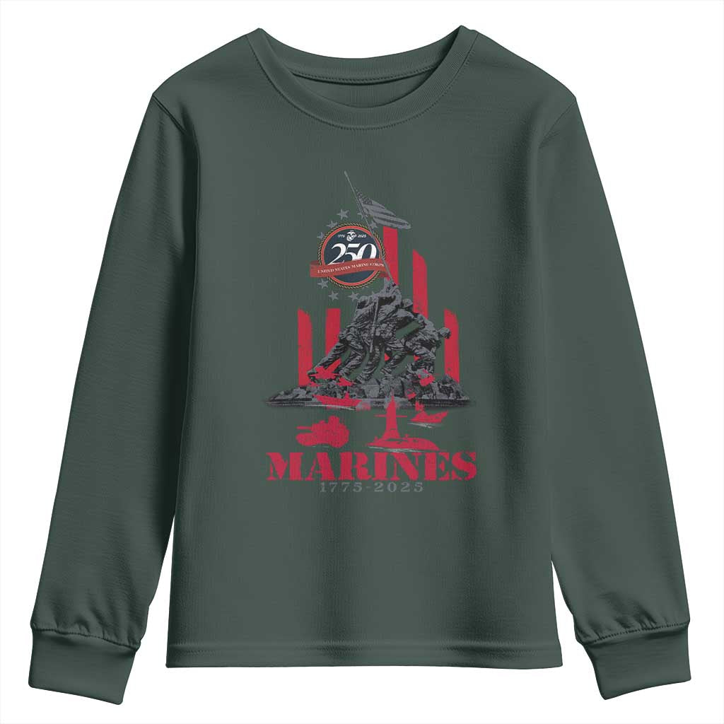 Marine Veteran 250th Anniversary Youth Sweatshirt Retro Military Corps American Flag TS10 Dark Forest Green Print Your Wear