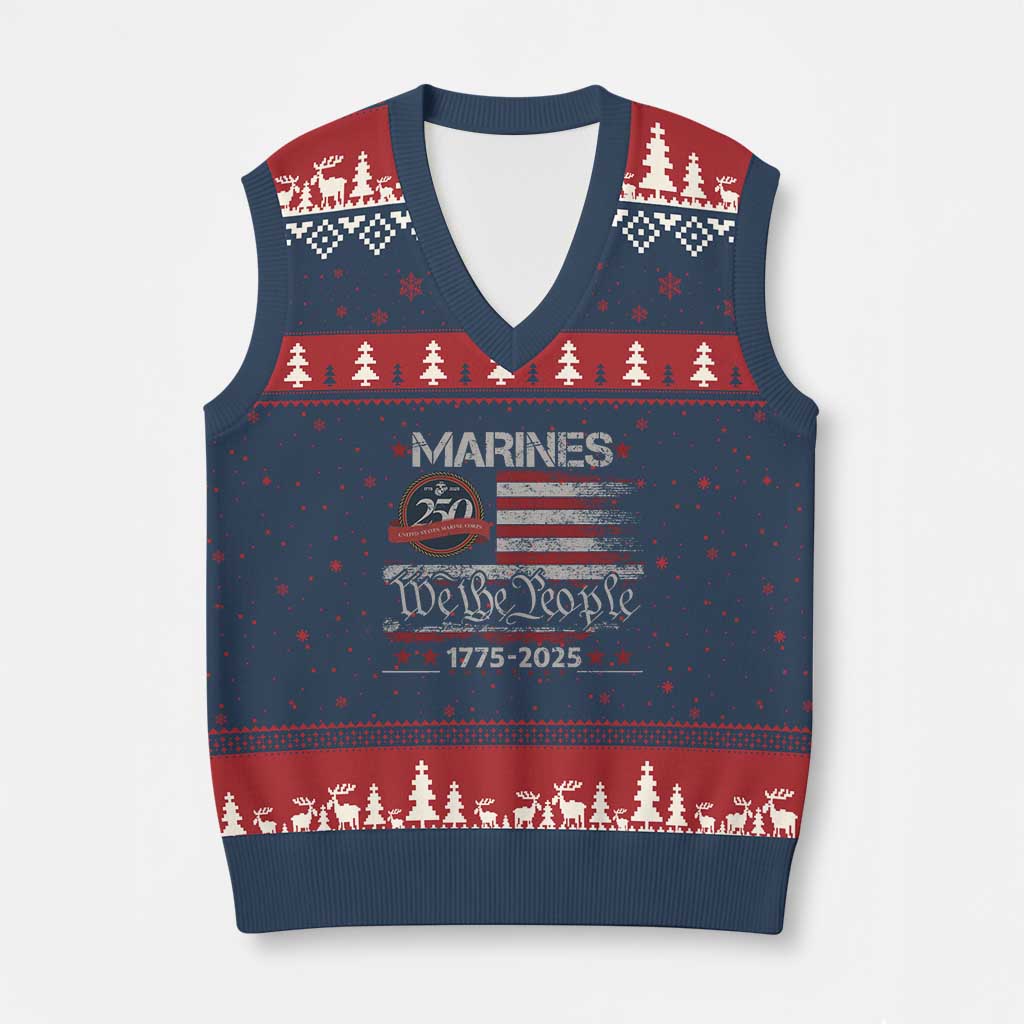 Marine Veteran 250th Anniversary V-Neck Knit Sweater Vest Retro Patriotic Military Gift American Flag - Print Your Wear
