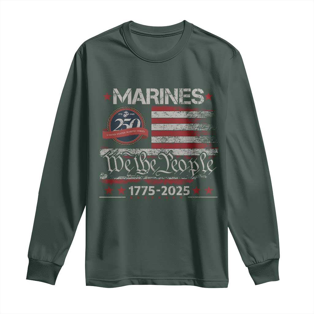 Marine Veteran 250th Anniversary Long Sleeve Shirt Retro Patriotic Military Gift American Flag TS10 Dark Forest Green Print Your Wear