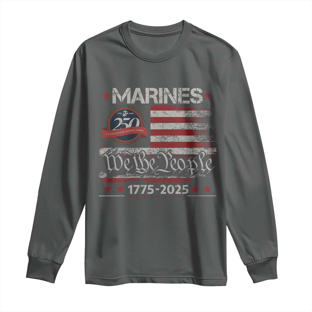 Marine Veteran 250th Anniversary Long Sleeve Shirt Retro Patriotic Military Gift American Flag TS10 Dark Heather Print Your Wear