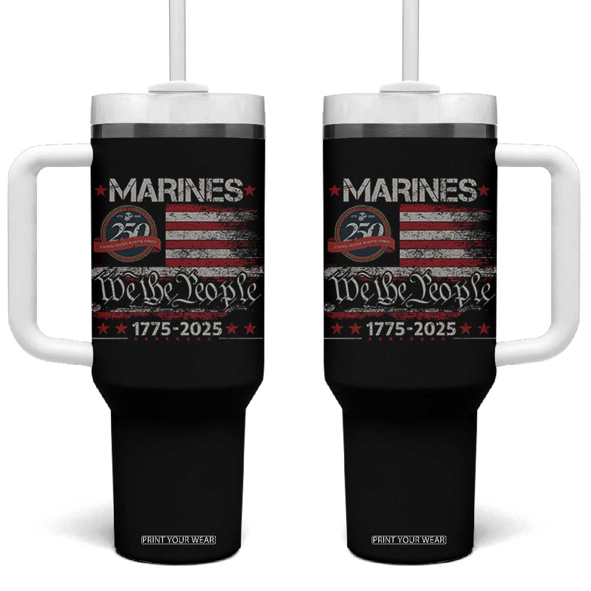 Marine Veteran 250th Anniversary Tumbler With Handle Retro Patriotic Military Gift American Flag TS10 One Size: 40 oz Black Print Your Wear