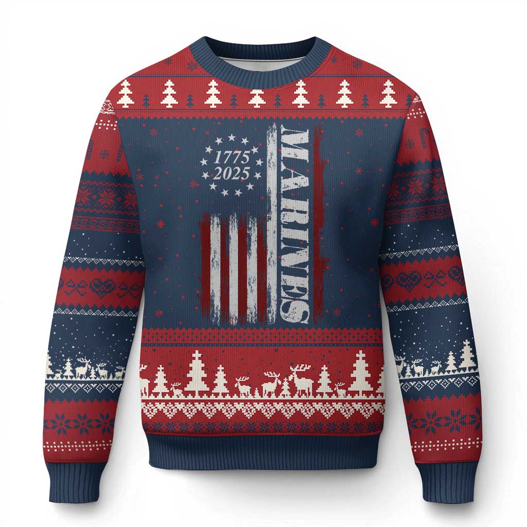 Marine 250th Anniversary Ugly Christmas Sweater Retro Patriotic Military Veteran Gift American Flag TS10 Navy Red Print Your Wear