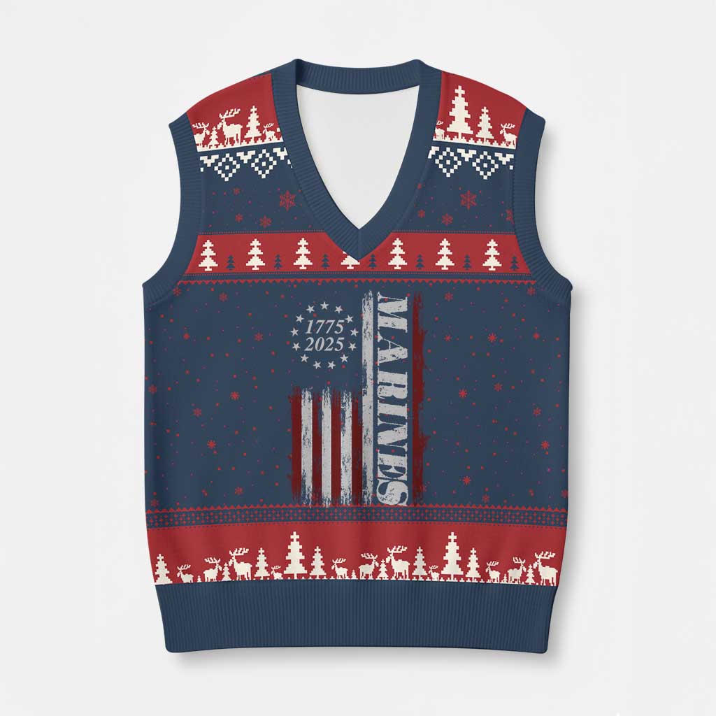 Marine 250th Anniversary V-Neck Knit Sweater Vest Retro Patriotic Military Veteran Gift American Flag - Print Your Wear