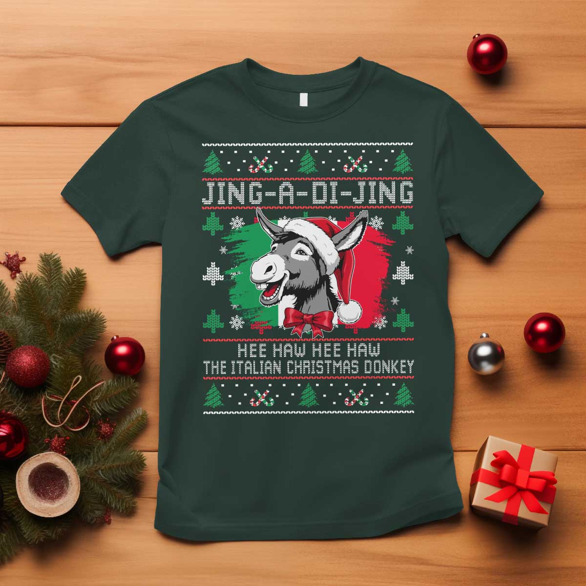 Italian Christmas Donkey T Shirt Jing a Di Jing Dominick the Ugly Christmas TS10 Dark Forest Green Print Your Wear