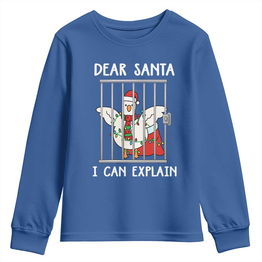 Funny Christmas Goose Youth Sweatshirt Dear Santa I Can Explain Xmas Meme TS10 Royal Blue Print Your Wear