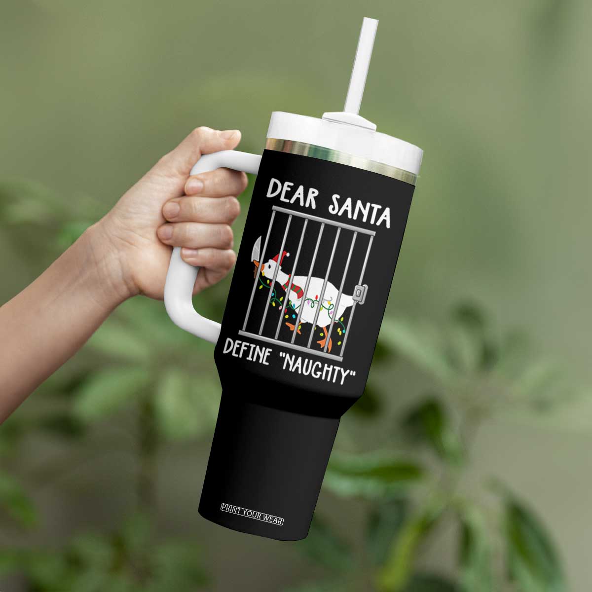 Funny Christmas Goose Tumbler With Handle Dear Santa Define Naughty Xmas Meme TS10 Print Your Wear
