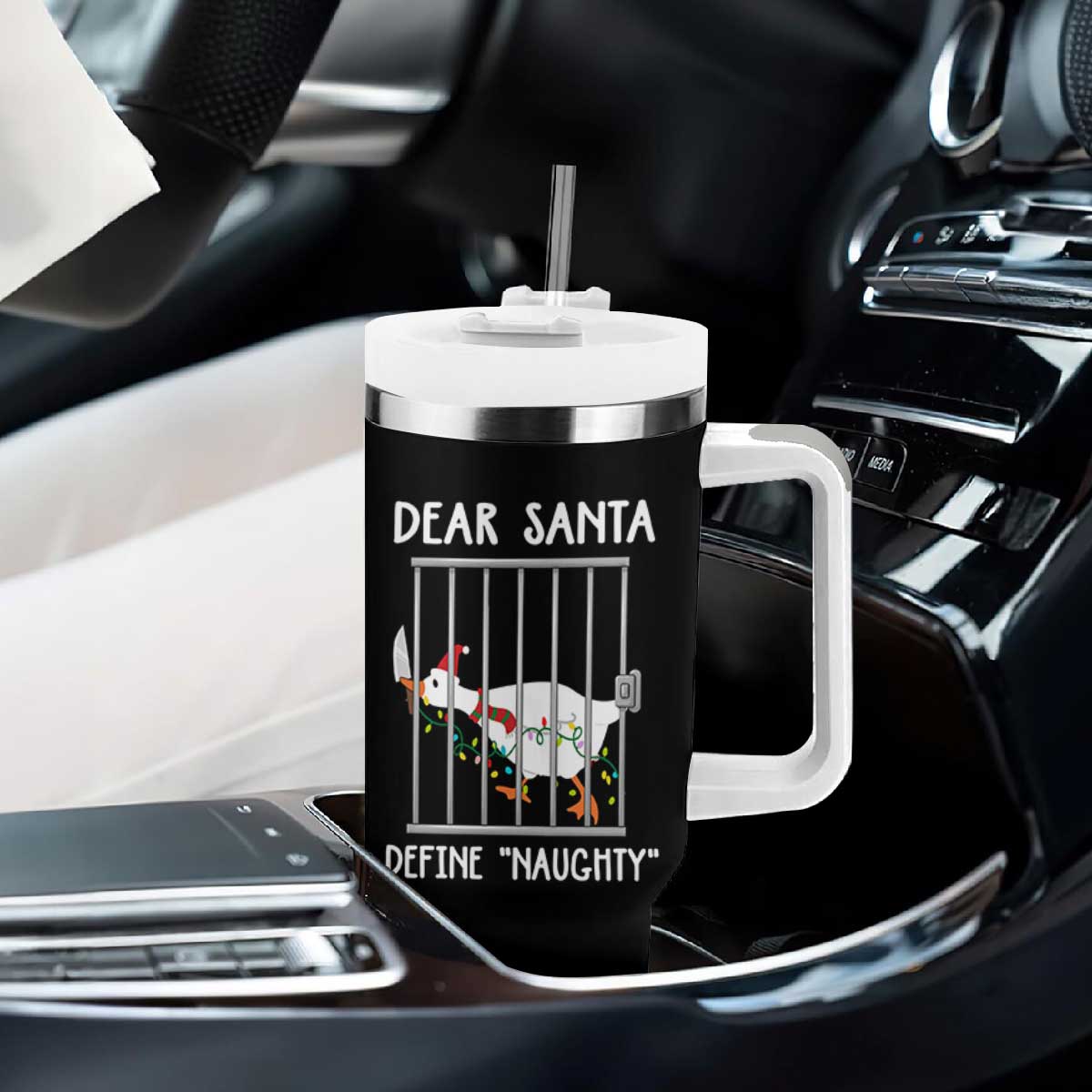 Funny Christmas Goose Tumbler With Handle Dear Santa Define Naughty Xmas Meme TS10 Print Your Wear
