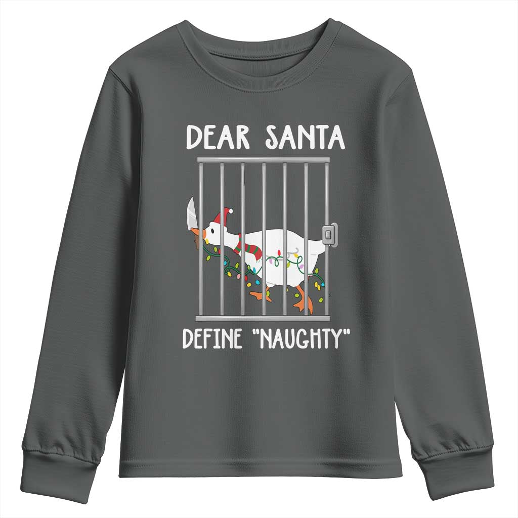 Funny Christmas Goose Youth Sweatshirt Dear Santa Define Naughty Xmas Meme TS10 Dark Heather Print Your Wear