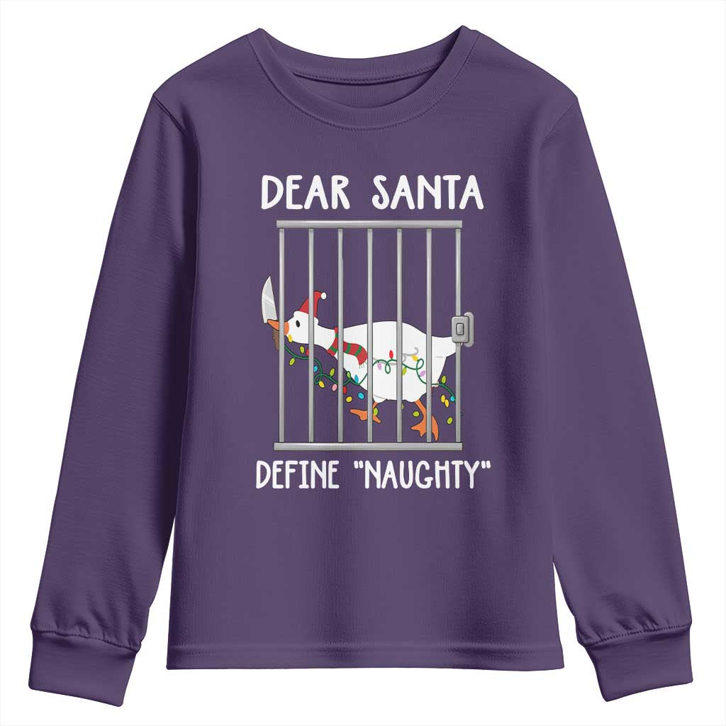 Funny Christmas Goose Youth Sweatshirt Dear Santa Define Naughty Xmas Meme TS10 Purple Print Your Wear