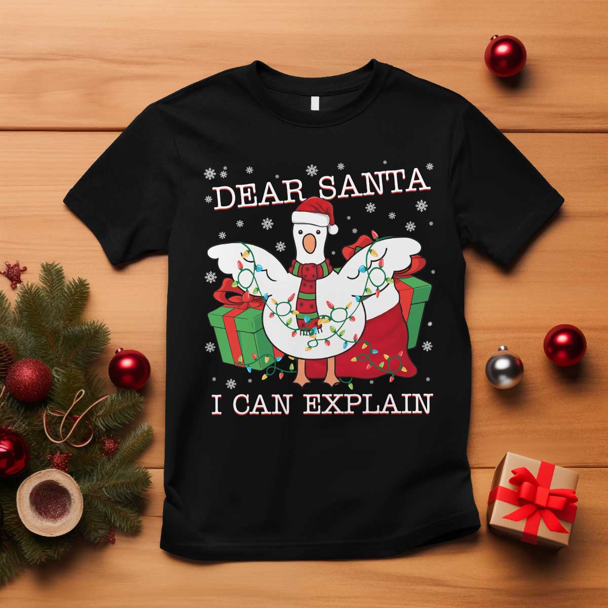 Funny Christmas Goose T Shirt Dear Santa I Can Explain Cute Xmas Meme TS10 Black Print Your Wear