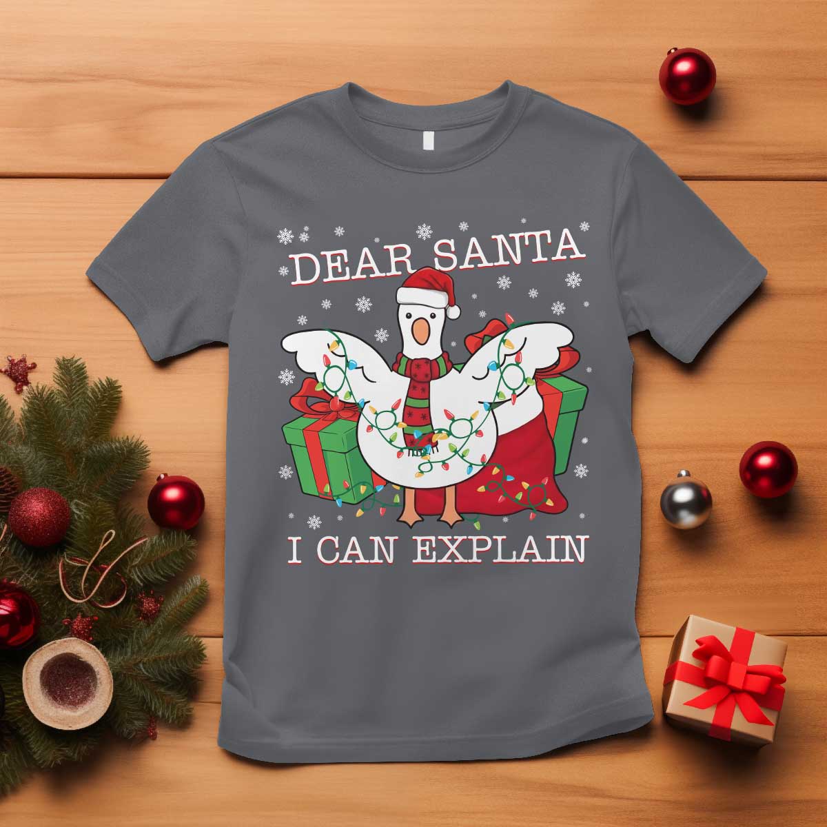 Funny Christmas Goose T Shirt Dear Santa I Can Explain Cute Xmas Meme TS10 Charcoal Print Your Wear