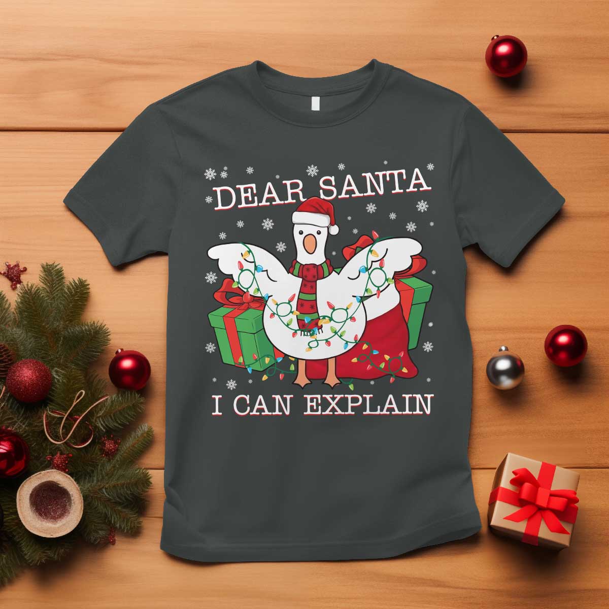 Funny Christmas Goose T Shirt Dear Santa I Can Explain Cute Xmas Meme TS10 Dark Heather Print Your Wear