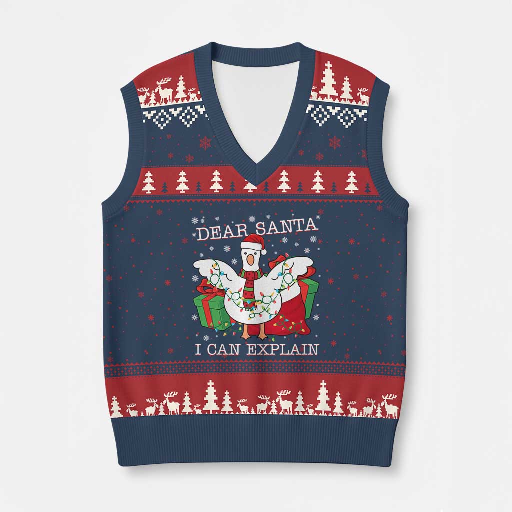 Funny Xmas Goose V-Neck Knit Sweater Vest Dear Santa I Can Explain Cute Xmas Meme TS10 Navy Red Print Your Wear