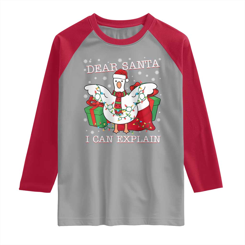 Funny Christmas Goose Raglan Shirt Dear Santa I Can Explain Cute Xmas Meme TS10 Sport Gray Red Print Your Wear