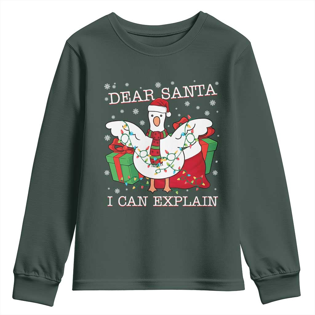 Funny Christmas Goose Youth Sweatshirt Dear Santa I Can Explain Cute Xmas Meme TS10 Dark Forest Green Print Your Wear